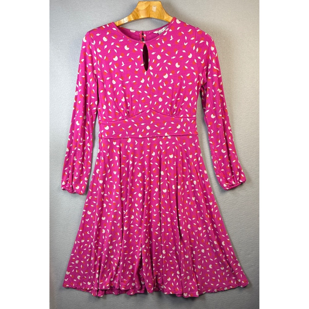Boden Fit &‎ Flare Dress Long Sleeve Keyhole Pink Flambe Apples US 10 L Marilyn